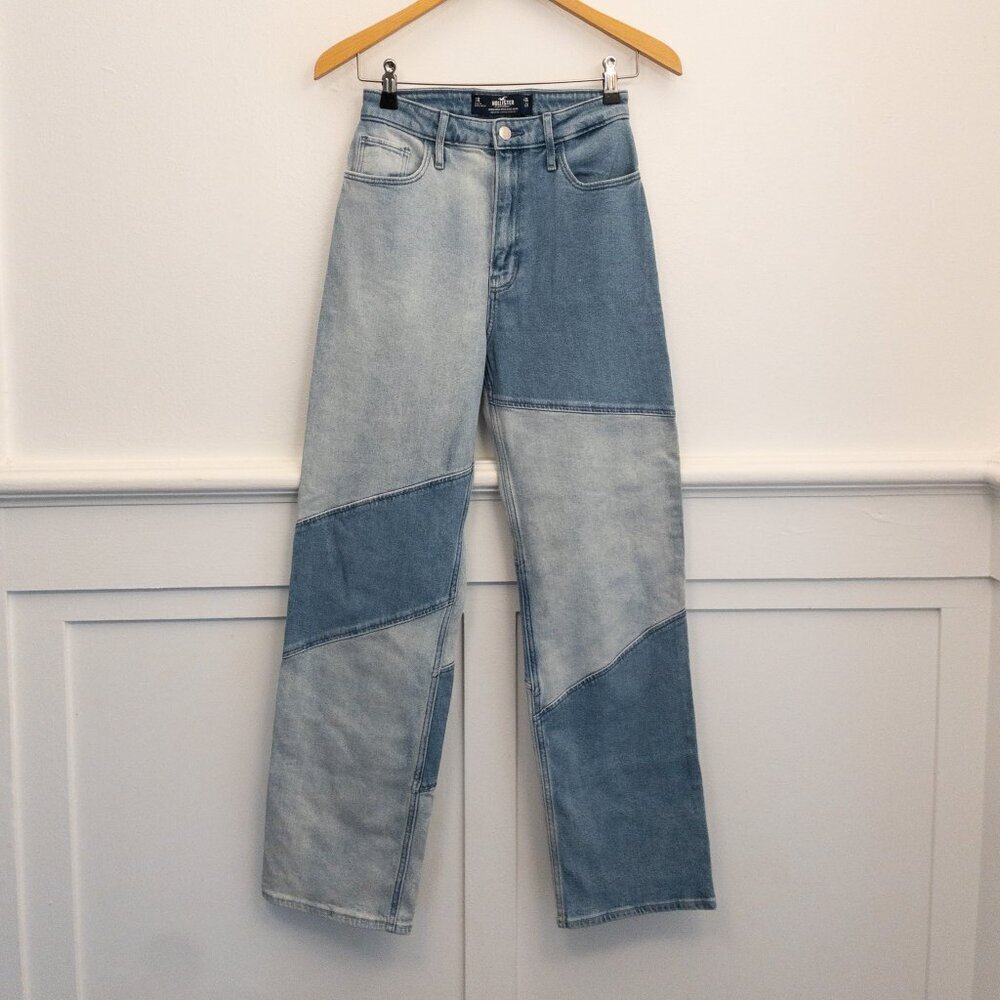 Hollister Ultra High-Rise Dad Jeans W26 L31 Patchwork Panel Light Wash Denim
